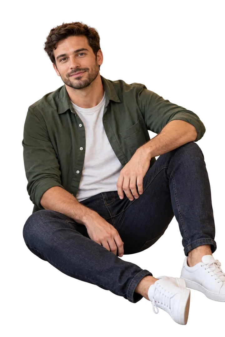 The same man after background removal, on a transparent background, sitting in the same pose