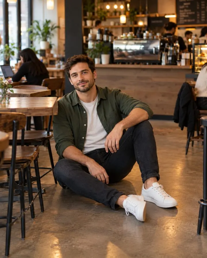 Example photo before background removal: a man sitting on the floor of a busy cafe, with people and tables behind him